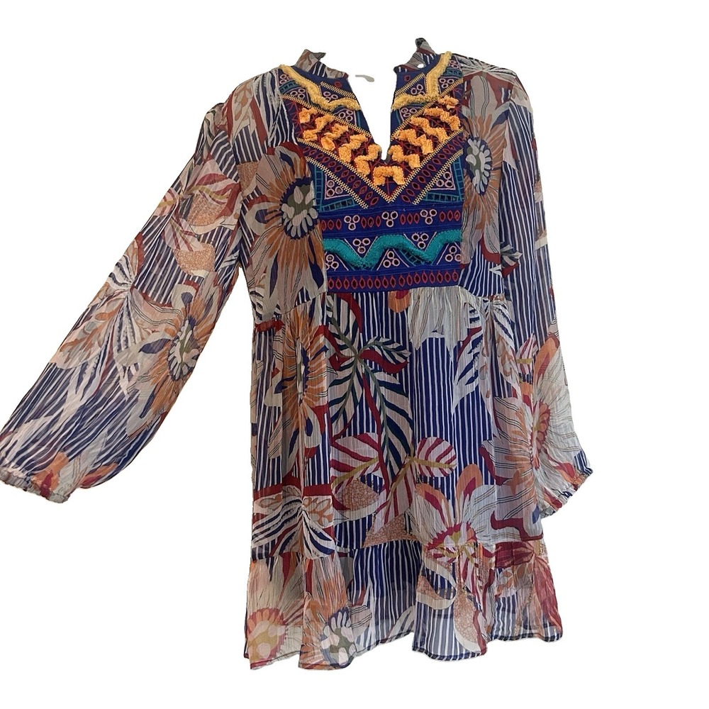 Soft Surroundings Tory Tunic Top Sz XS Floral Embroidered Colorful Sheer Tank